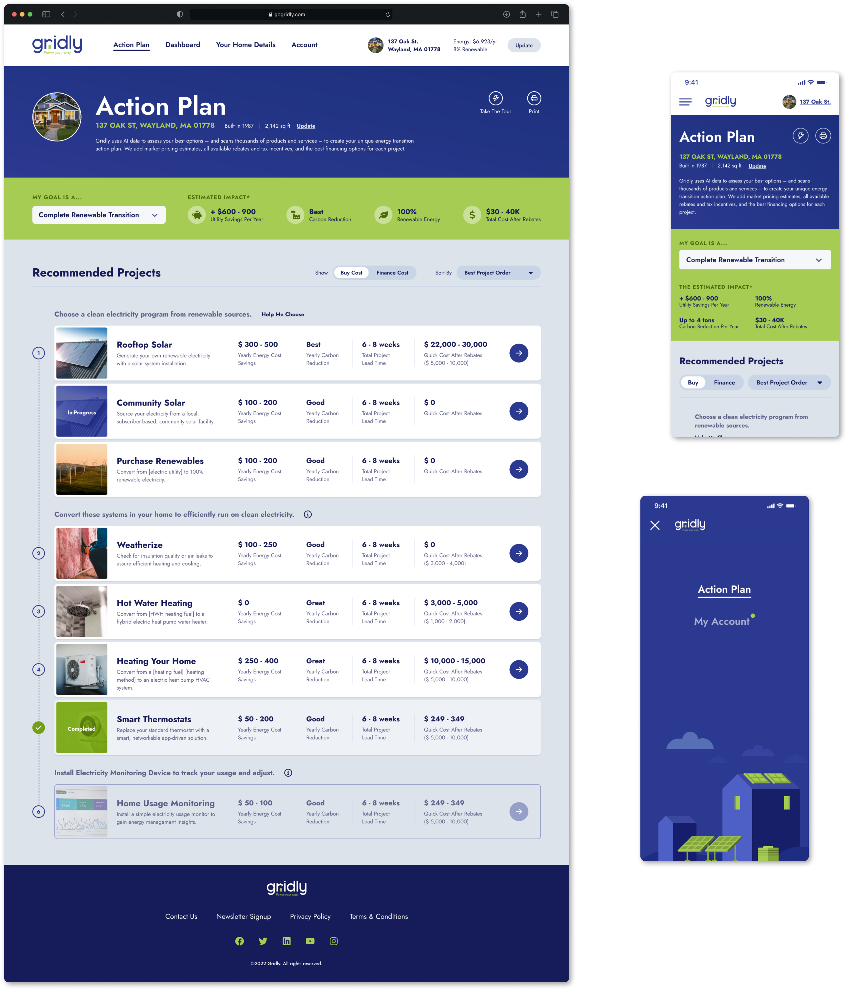 Desktop and mobile screens of the Gridly Action Plan page.