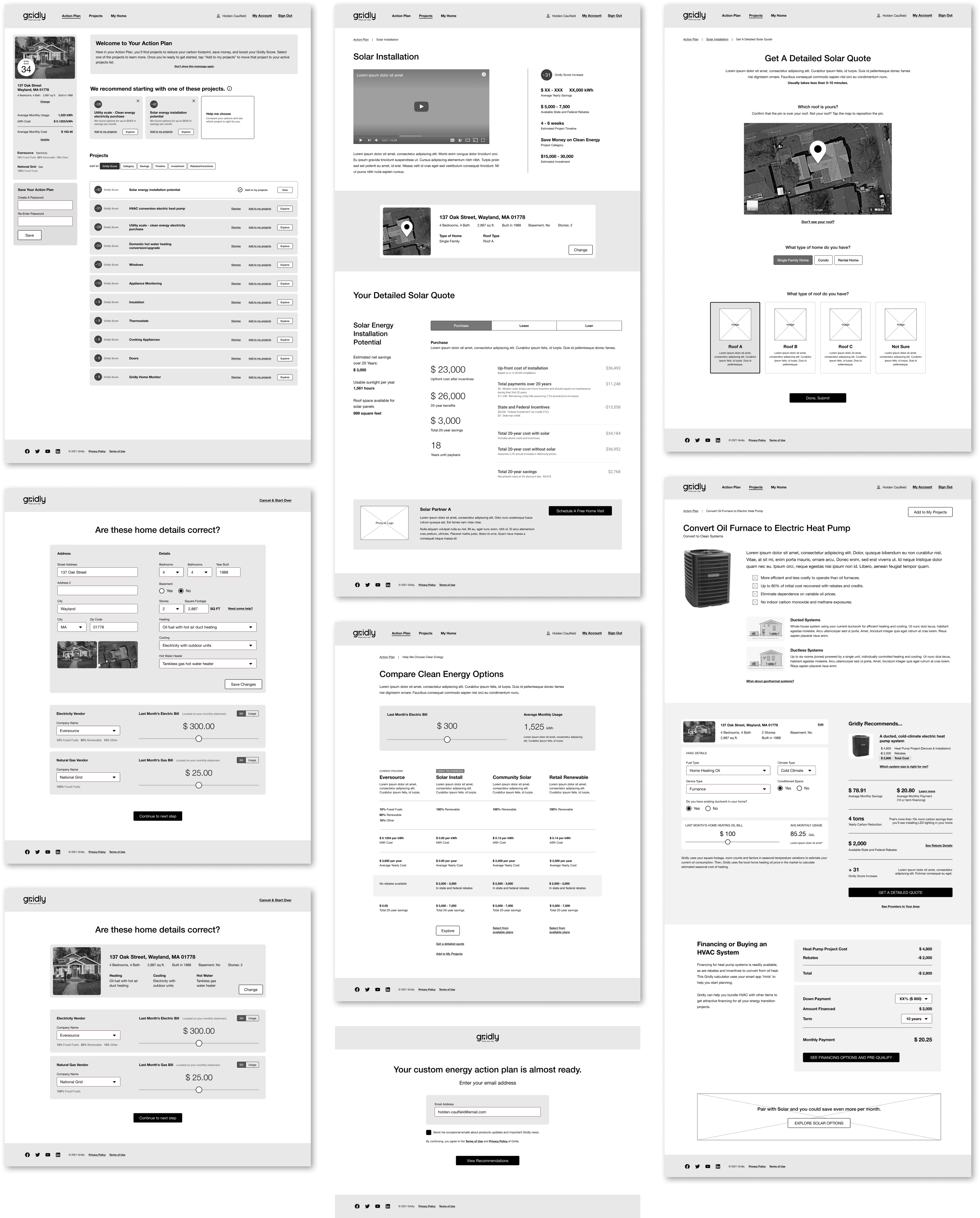 A collection of screens showing the wireframe prototype.