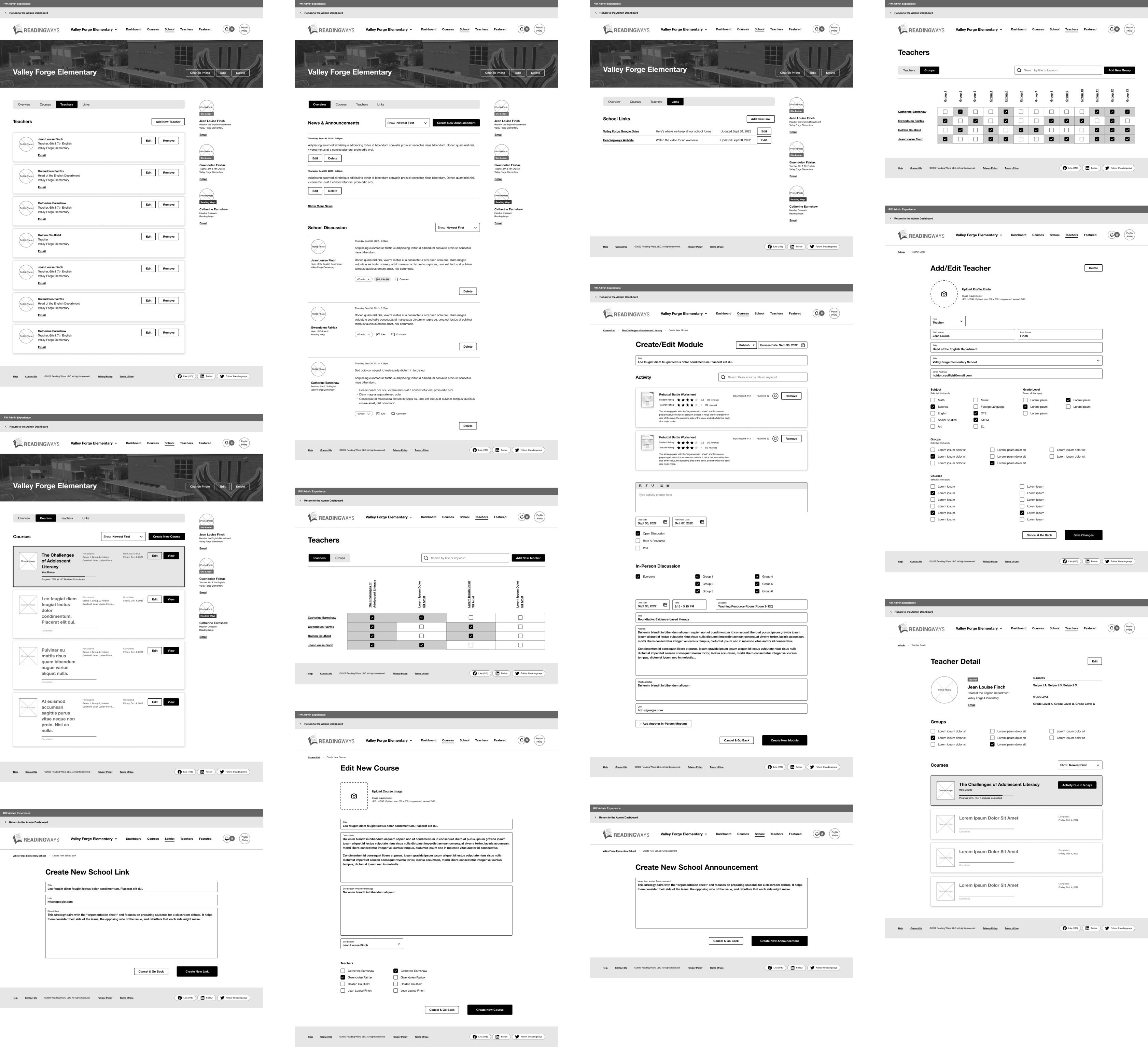 Desktop wireframes of the custom School section of the app.